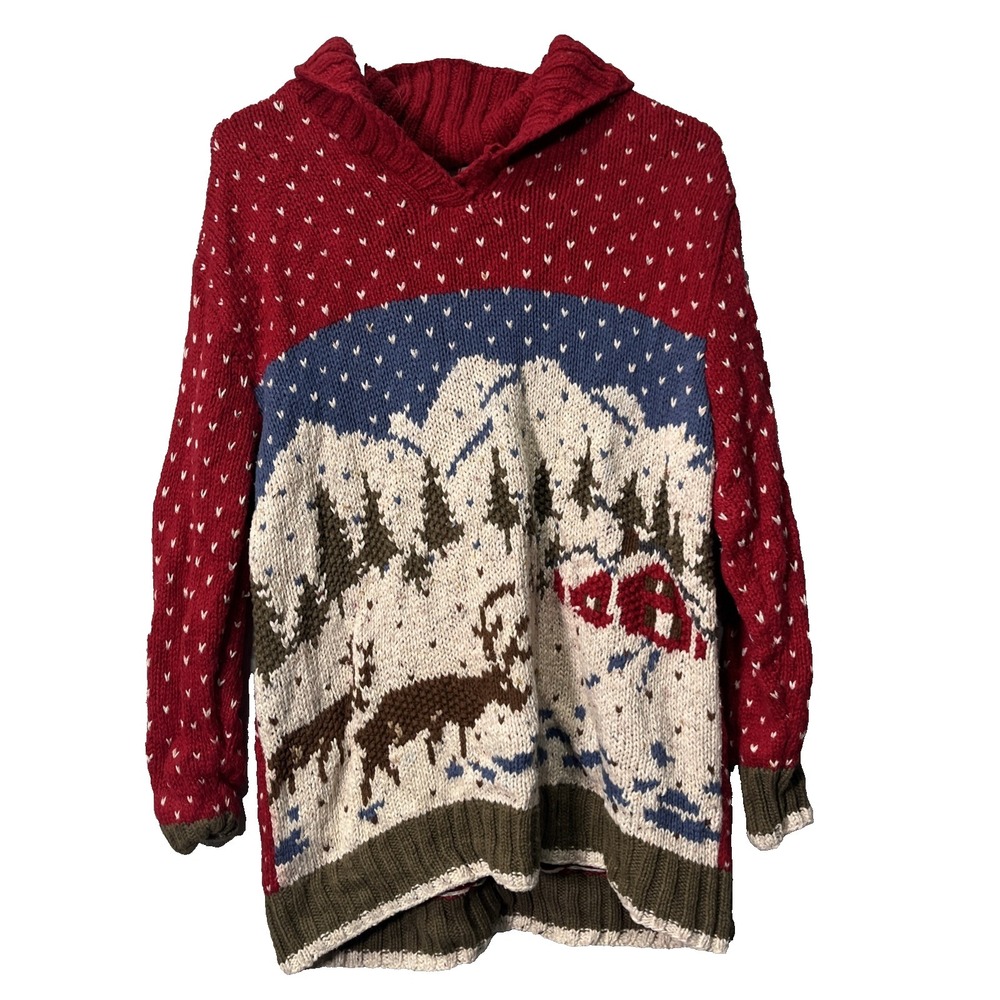 Liz Claiborne Sweater Women S Red Winter Scene Hand Knitted Roll Neck Pullover